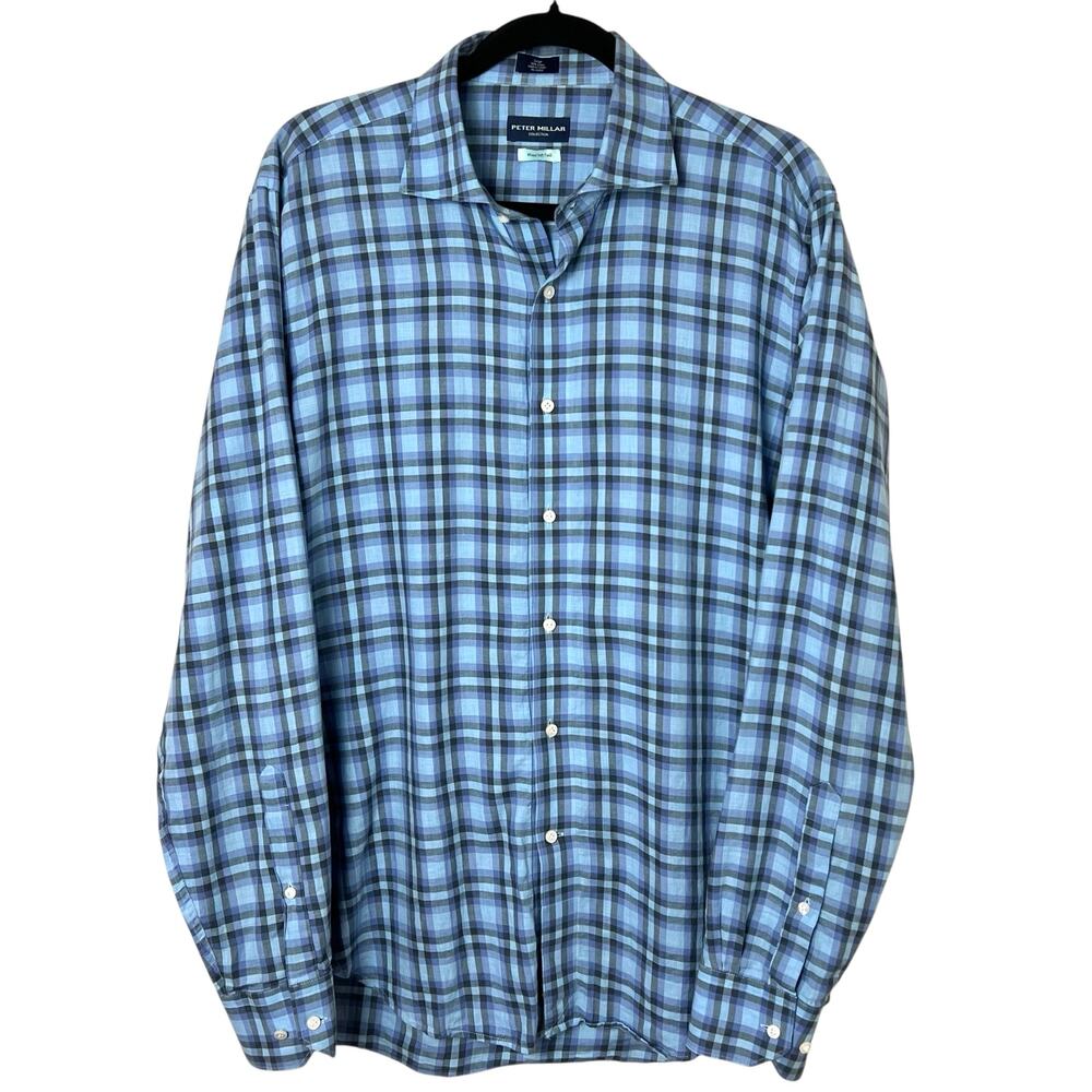Peter Millar Collection Winter Soft Twill Blue Plaid Button Front Shirt Sz Large